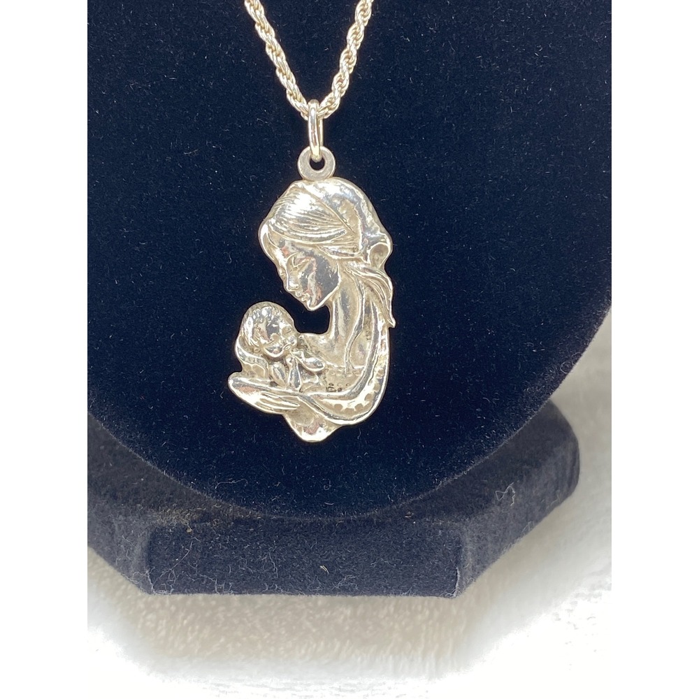 Mother & Baby 925 Sterling Silver‎ Italy Pendant & Rope Chain Necklace